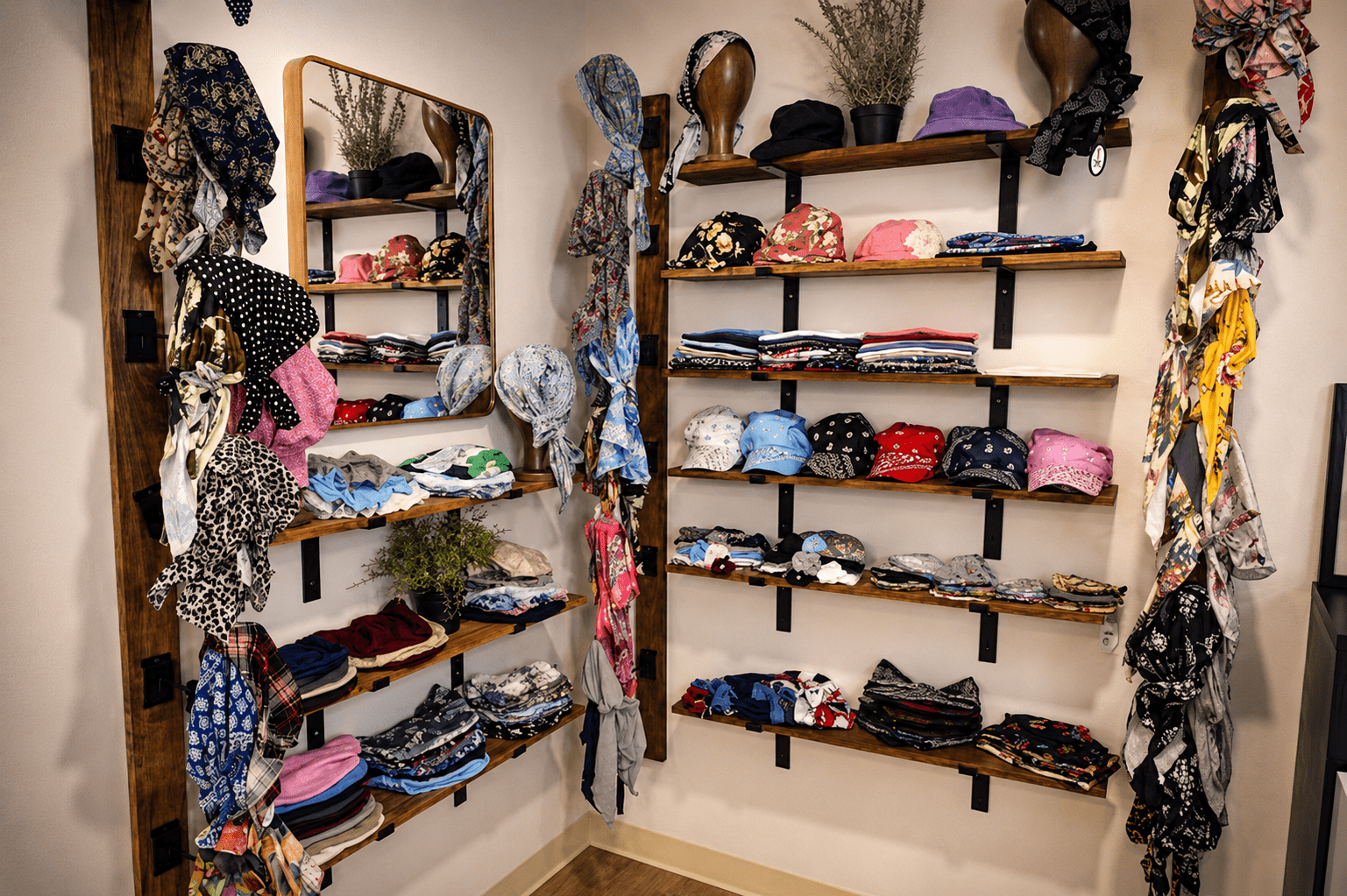Hats and scarves displayed inside Parisienne Hair Solutions