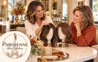 Illustrative salon consultation comparing alternative hair, with the Parisienne Hair Solutions logo.
